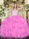 Pretty Rose Pink Organza Zipper Sweet 16 Dress Sleeveless Floor Length Lace and Ruffles