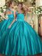 Low Price Floor Length Lace Up 15 Quinceanera Dress Teal for Military Ball and Sweet 16 and Quinceanera with Ruching
