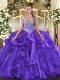 Purple Straps Lace Up Beading and Ruffles Quinceanera Dress Sleeveless