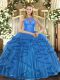 Pretty Sleeveless Lace Up Floor Length Beading and Ruffles Ball Gown Prom Dress