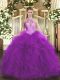Classical Purple Halter Top Neckline Ruffles and Sequins Quinceanera Dresses Sleeveless Lace Up