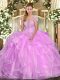 Adorable Strapless Sleeveless 15 Quinceanera Dress Floor Length Appliques and Ruffles Lilac Organza