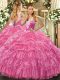 Attractive Floor Length Rose Pink Vestidos de Quinceanera Organza Sleeveless Beading and Ruffled Layers and Pick Ups