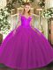 Scoop Long Sleeves Ball Gown Prom Dress Floor Length Lace Fuchsia Tulle