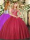 Coral Red Ball Gowns Scoop Sleeveless Tulle Floor Length Lace Up Beading 15 Quinceanera Dress