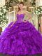 Organza Sweetheart Sleeveless Lace Up Beading and Ruffles and Pick Ups Ball Gown Prom Dress in Purple
