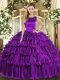 Smart Floor Length Lace Up Sweet 16 Dress Eggplant Purple for Military Ball and Sweet 16 and Quinceanera with Ruffled Layers