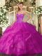 Edgy Fuchsia Sleeveless Floor Length Beading and Ruffles Lace Up Quinceanera Dresses