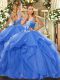 Sweet Blue Sweet 16 Dress Military Ball and Sweet 16 and Quinceanera with Beading and Ruffles Straps Sleeveless Lace Up