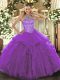 Flirting Purple Organza Lace Up Halter Top Sleeveless Floor Length Sweet 16 Dresses Beading and Embroidery
