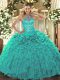 Sleeveless Floor Length Beading and Embroidery and Ruffles Lace Up Sweet 16 Dresses with Turquoise