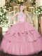 Elegant Baby Pink Sleeveless Floor Length Lace and Ruffled Layers Zipper Sweet 16 Quinceanera Dress