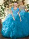 High Class Teal Clasp Handle Scoop Beading and Ruffled Layers Quinceanera Dress Tulle Sleeveless