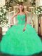 Sleeveless Floor Length Beading and Ruffles Lace Up Vestidos de Quinceanera with Turquoise