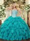 Sweetheart Sleeveless Quinceanera Gowns Floor Length Beading and Ruffles Teal Tulle