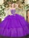 Sweetheart Sleeveless Quinceanera Gowns Floor Length Beading and Ruffled Layers Purple Tulle