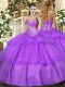 Floor Length Lace Up Quinceanera Dress Lilac for Military Ball and Sweet 16 and Quinceanera with Beading and Ruffled Layers