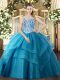 Teal Sleeveless Floor Length Beading and Ruffled Layers Lace Up Ball Gown Prom Dress