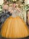 Orange Halter Top Lace Up Beading and Ruffles Ball Gown Prom Dress Sleeveless