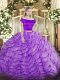 Shining Lavender Off The Shoulder Neckline Appliques and Ruffles Quinceanera Gowns Short Sleeves Zipper