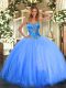 Blue Ball Gowns Beading Sweet 16 Dresses Lace Up Tulle Sleeveless Floor Length