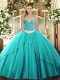 Turquoise Sleeveless Brush Train Appliques Ball Gown Prom Dress