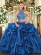 Blue Halter Top Neckline Beading and Ruffled Layers Quince Ball Gowns Sleeveless Criss Cross
