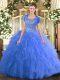 New Arrival Tulle Scoop Sleeveless Clasp Handle Beading and Ruffled Layers Quinceanera Gown in Baby Blue