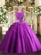 Fuchsia Ball Gowns Scoop Sleeveless Tulle Floor Length Zipper Beading and Appliques Sweet 16 Dresses