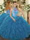 Cute Floor Length Ball Gowns Sleeveless Teal Quinceanera Gowns Lace Up
