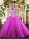 Fuchsia Ball Gowns Halter Top Sleeveless Tulle Floor Length Lace Up Beading 15th Birthday Dress