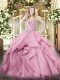 Tulle Sweetheart Sleeveless Lace Up Beading and Ruffles Sweet 16 Dresses in Pink