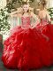 Red Sleeveless Beading and Ruffles Floor Length Quince Ball Gowns