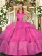 Top Selling Halter Top Sleeveless Lace Up Quinceanera Dresses Fuchsia Tulle