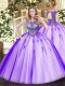 Suitable Lavender Sleeveless Tulle Lace Up Ball Gown Prom Dress for Sweet 16 and Quinceanera