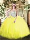 Exquisite Yellow Green Ball Gowns Tulle Scoop Sleeveless Beading Floor Length Zipper Quince Ball Gowns