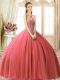 New Arrival Tulle Sweetheart Sleeveless Lace Up Beading Quince Ball Gowns in Coral Red
