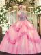Floor Length Baby Pink 15th Birthday Dress Tulle Sleeveless Beading and Appliques
