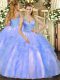 V-neck Sleeveless Quince Ball Gowns Floor Length Beading and Ruffles Blue Tulle