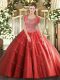 Elegant Scoop Sleeveless Sweet 16 Dress Floor Length Beading Coral Red Tulle