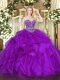 Excellent Sleeveless Floor Length Beading and Ruffles Lace Up 15th Birthday Dress with Eggplant Purple