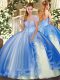 Floor Length Lace Up Sweet 16 Dresses Blue for Military Ball and Sweet 16 and Quinceanera with Appliques and Ruffles