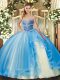 Sleeveless Floor Length Beading and Ruffles Lace Up 15th Birthday Dress with Baby Blue