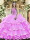 Lilac Organza Lace Up High-neck Sleeveless Floor Length Vestidos de Quinceanera Beading and Ruffled Layers