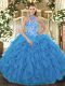 Floor Length Lace Up Quinceanera Gown Baby Blue for Military Ball and Sweet 16 and Quinceanera with Beading and Embroidery and Ruffles