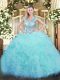 Chic Aqua Blue Ball Gowns Scoop Sleeveless Organza Floor Length Lace Up Beading and Ruffles and Pick Ups Quinceanera Dresses