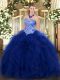 Blue Organza Lace Up Sweetheart Sleeveless Floor Length 15 Quinceanera Dress Appliques and Ruffles