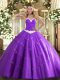 Floor Length Lavender 15th Birthday Dress Tulle Sleeveless Appliques