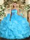 Luxury Aqua Blue Lace Up Strapless Ruffles Quinceanera Gown Organza Sleeveless