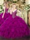 V-neck Sleeveless Lace Up Quinceanera Gowns Fuchsia Organza